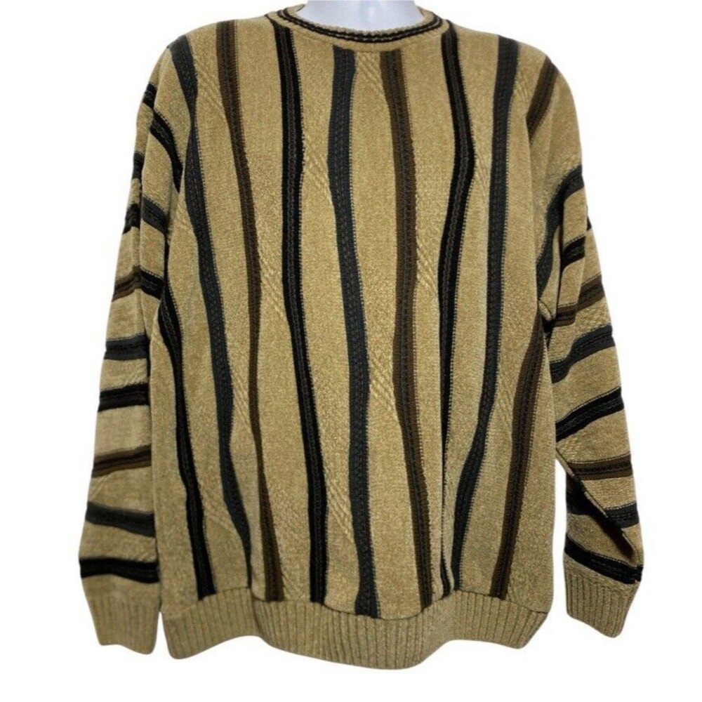 Vintage Protege Collection Sweater Men Size L 3D Knit Brown Black Striped Cosby